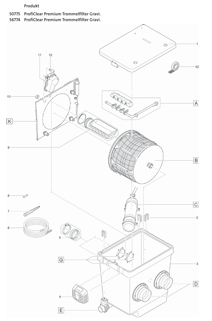 Bauplan 1 Ersatzteile für Oase ProfiClear Premium Trommelfilter Gravit.