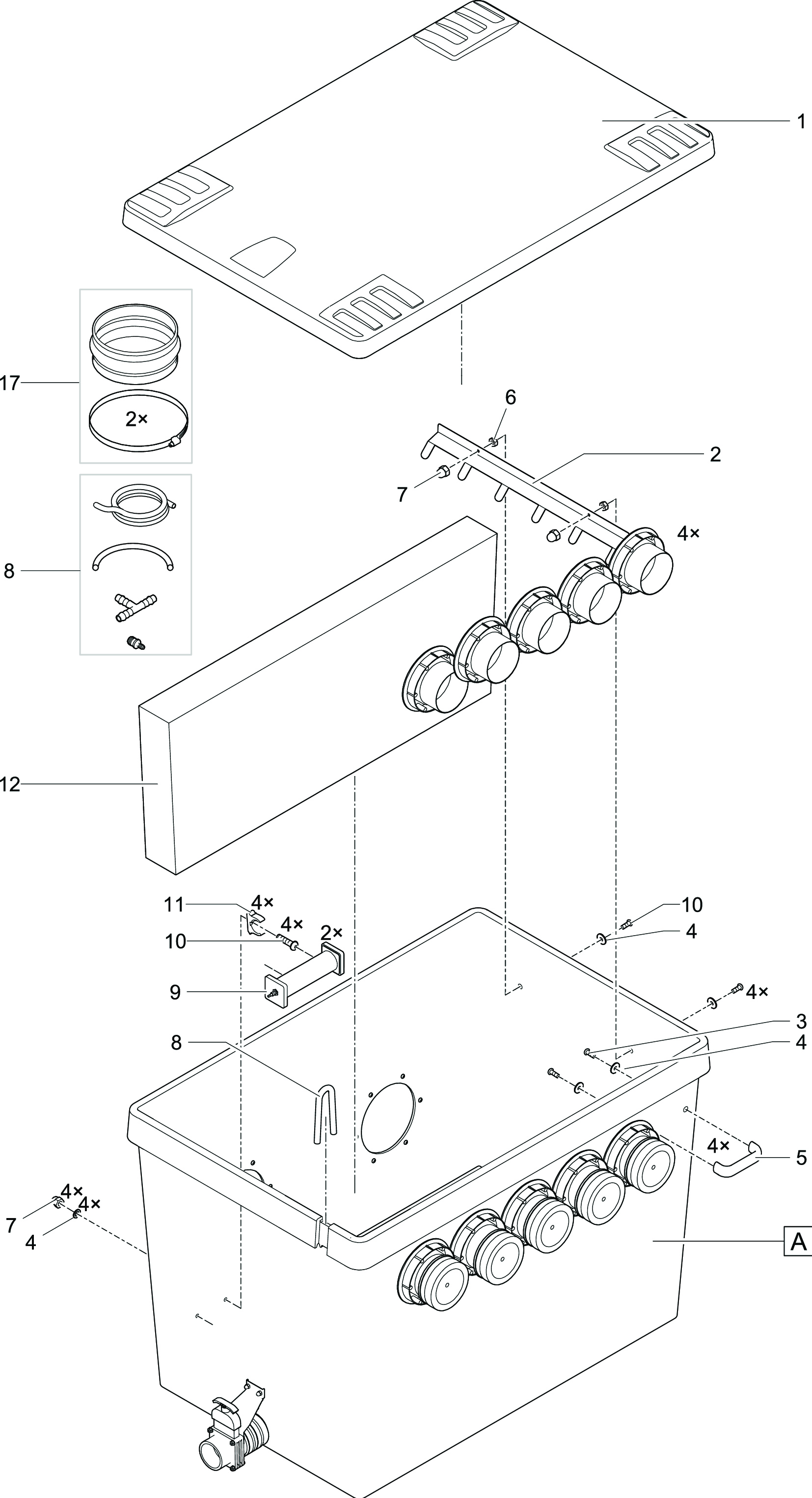 Bauplan 1 Ersatzteile für Oase ProfiClear Premium XL Ablaufmodul Pumpsystem